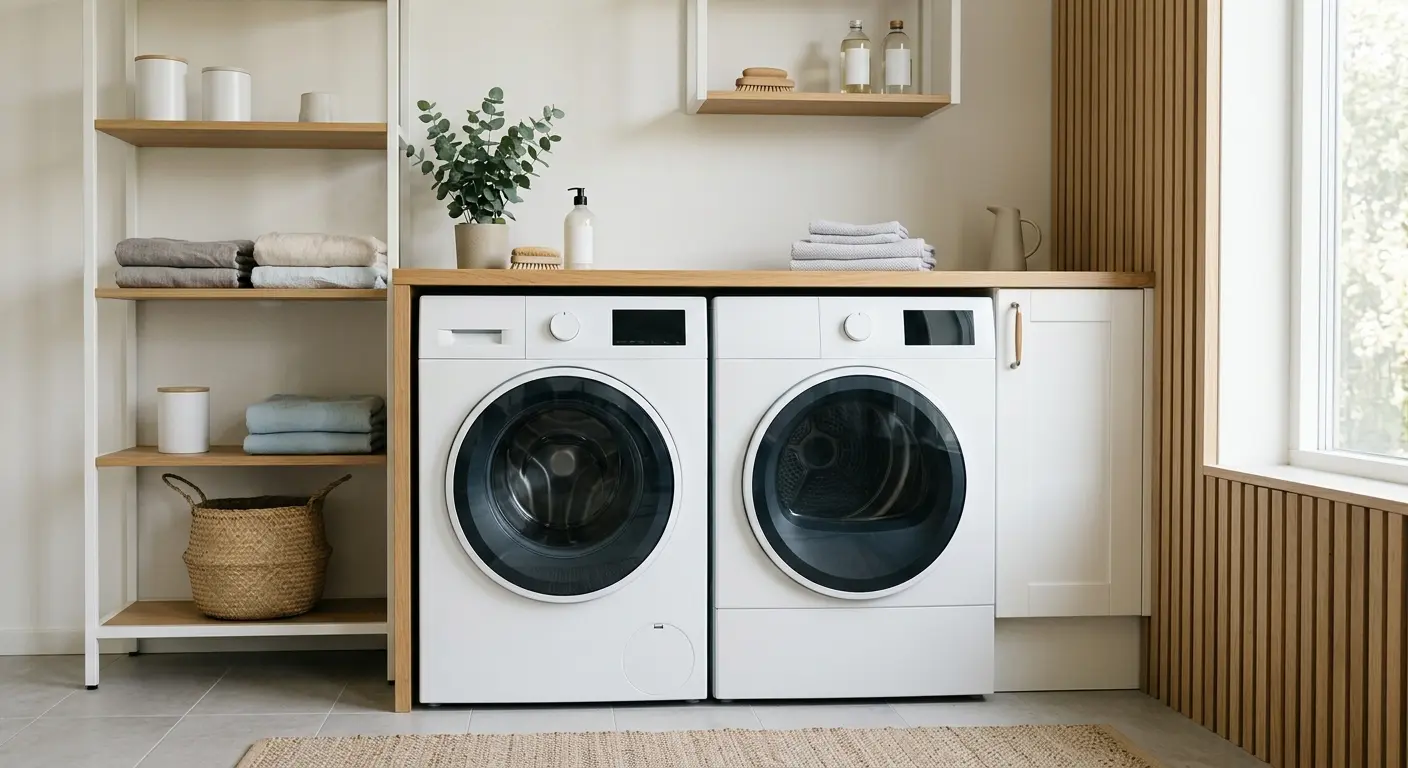 Lavatrice e asciugatrice moderne in una lavanderia luminosa