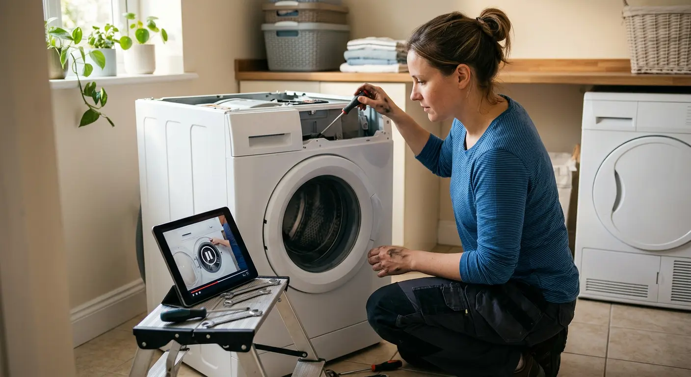 Persona che segue un video tutorial per riparare la lavatrice