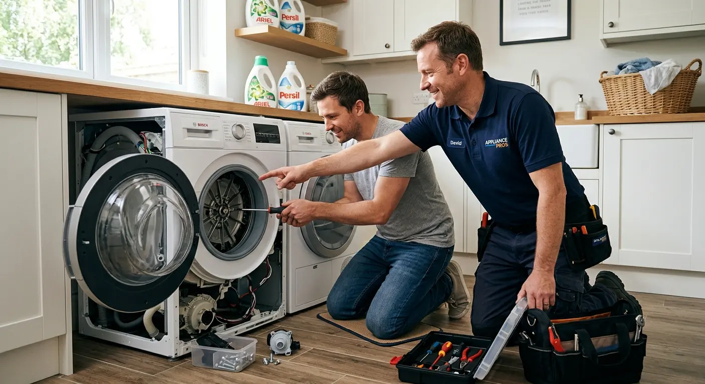 Tecnico che aiuta un uomo a riparare la lavatrice